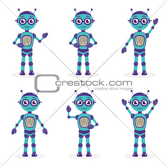 Cartoon mascot robot, robot character. Robot in different poses. Robot mascot logo. Vector illustration.