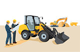 Construction site with wheel loaders and excavators