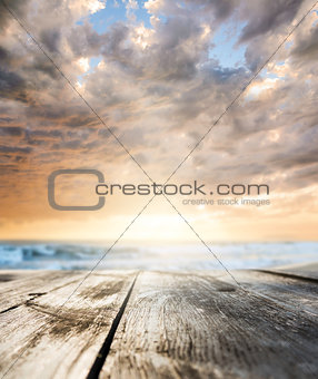 Wooden table at sea
