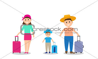 Family on vacation with suitcases. Vector Illustration.