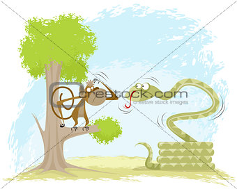 Monkey hangs on snake