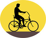 Man Riding Easy Rider Bicycle Silhouette Oval Retro