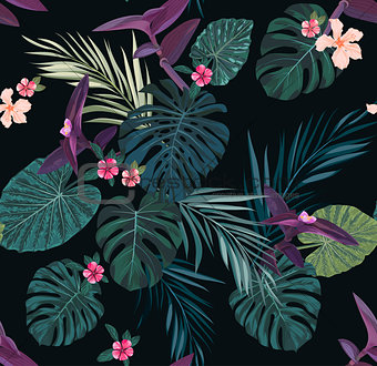 Seamless tropical vector pattern with green palm leaves and hibiscus flowers on dark background.