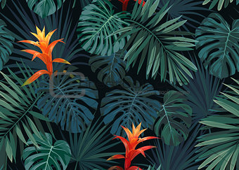 Hand drawn vector seamless tropical floral pattern with guzmania flowers, monstera and royal palm leaves. Exotic hawaiian fabric design.