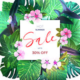 Customizable vector floral design template for summer sale. Tropical flyer with pink exotic flowers and green palm leaves.
