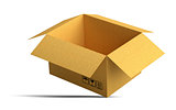 Open packing carton box stands on corner
