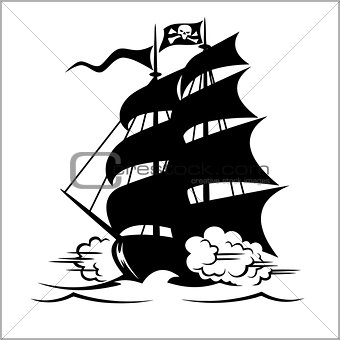 Pirate Ship, galleon, brigantine and cutter under the Jolly Roger black flag, vector illustration