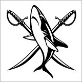 Vector illustration pirate emblem with crossed sibers and shark