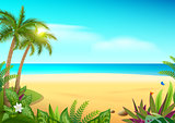 Tropical paradise island sandy beach, palm trees and sea