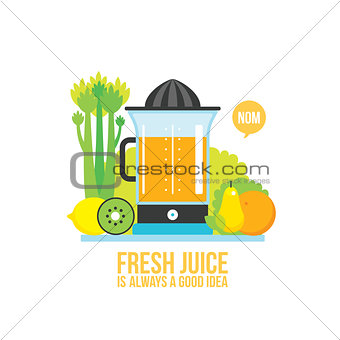 Juicer Fresh vegetables greens and fruits on white background