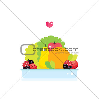 Fresh vegetables fruits and greens plate isolated on white background