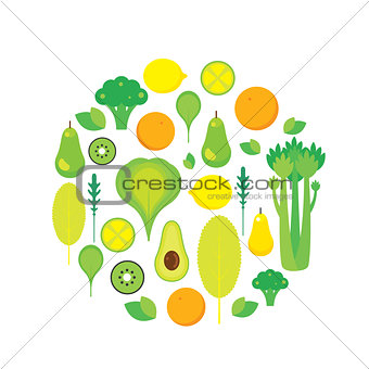 Healthy food Fruits Vegetables and greens isolated on white background
