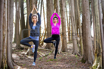 two women doing yoga in the middle of the woods