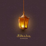 Ramadan Kareem lettering text template greeting card. Lamp on background of an oriental ornament