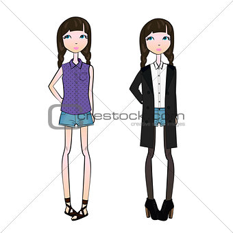 Fashion cartoon teenage girls wearing denim shorts