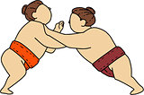 Rikishi Sumo Wrestler Pushing Side Mono Line