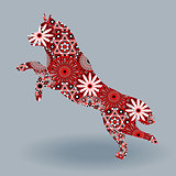 Jumping Husky Dog with stylized flowers over grey