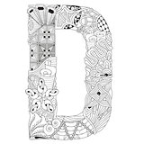 Letter D for coloring. Vector decorative zentangle object