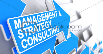 Management And Strategy Consulting - Text on Blue Arrow. 3D.