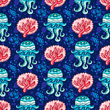 Seamless nautical pattern. Coral Jellyfish background.