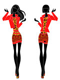 Slim stylish ladies in short ornate dresses
