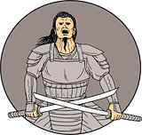 Angry Samurai Warrior Crossing Swords Oval Drawing