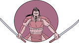 Raging Samurai Warrior Two Swords Oval Drawing