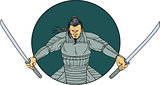 Samurai Warrior Wielding Two Swords Oval Drawing