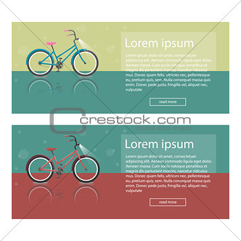 Vector bright illustration of Bike. Set colorful flat banners on the theme mountain biking, store, routes for cycling.