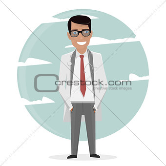 Cartoon doctor in uniform and tie. Character man.