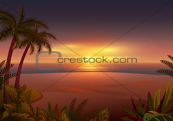 Sunset on tropical island. Palm trees, sea and beach