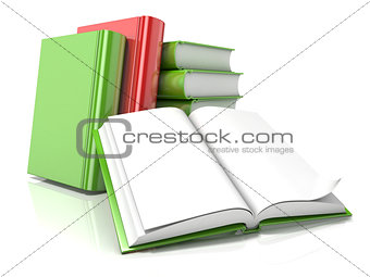 Pile of books with open one. 3D