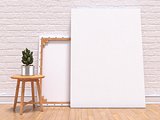 Mock up canvas frame with plant, floor and wall. 3D