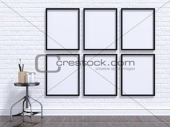Mock up photo frame with table, floor and wall. 3D
