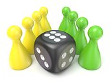 Conceptual game pawns and black dice. 3D