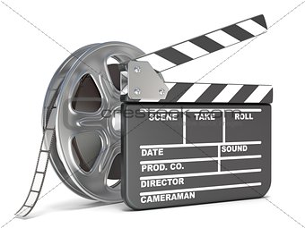 Film reel and movie clapper board. Video icon. 3D