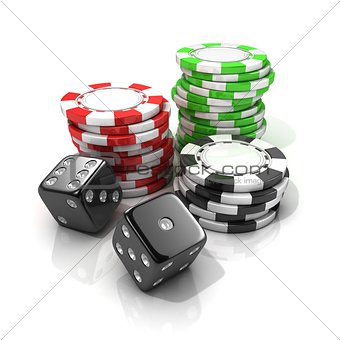 Stacks of red, green, black gambling chips and black dices isola