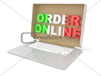 Order online - Italian food. Cardboard box cover on laptop. 3D