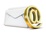 Envelopes with golden e-mail sign. 3D