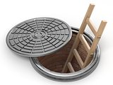 Opened street manhole with wooden ladder inside. 3D