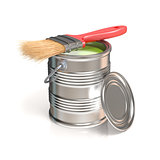 Metal tin can with green paint and paintbrush. Side view. 3D