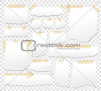 White paper sheets with scotch tape set. Sticky papers with adhesive sellotape stripes vector illustration. Sheet page for reminder message