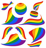 Symbols of LGBT rainbow Pride flag, circle, silhouette wings and sail, ribbon