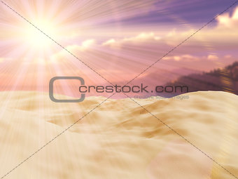 3D close up of sand looking out to tropical landscape