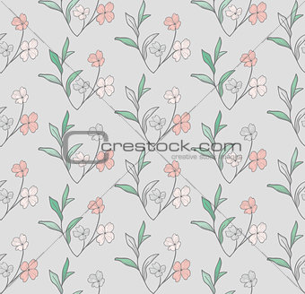 Vector Seamless Pattern with Drawn Flowers, Branches, Plants