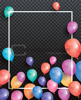 Holiday card with balloons and white frame on transparent backgr