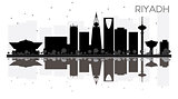 Riyadh City skyline black and white silhouette with reflections.