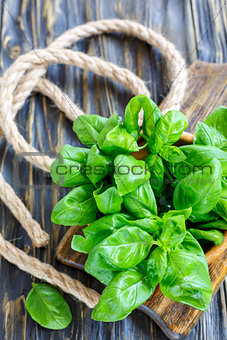 Basil leaves on a wooden board.