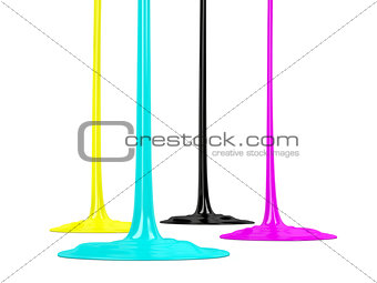 CMYK inks dripping on white background