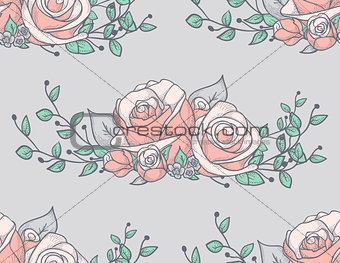Seamless Pattern with Drawn Flowers, Roses with Branches